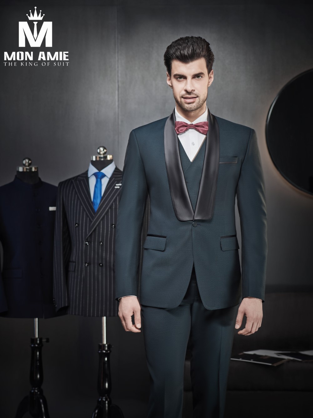 Bộ suit nam cao cấp xám xanh cổ sam M626-3